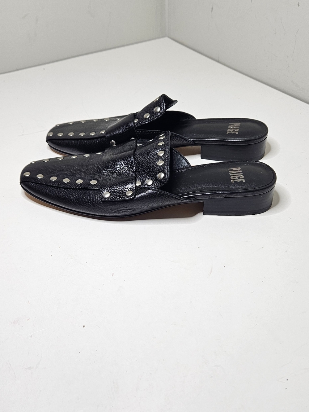PAIGE Georgie black leather mules Loafers Silver Studded Slip Ons Women's 8
